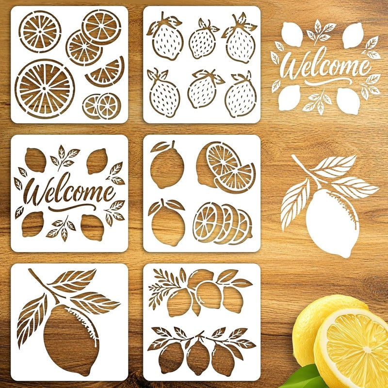 beinkmake 6Pcs Fruit Lemon Stencil Summer PET Painting Templates Inlay Border Stencils for Furniture Welcome Sign Reusable DIY Craft for Wall Wood Fabric Canvas Paper Home Decor 7.87inch - Image 1